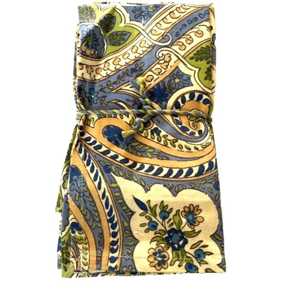 April Cornell Napkins Blue Green Paisley Cotton Boho French Country Set of 10